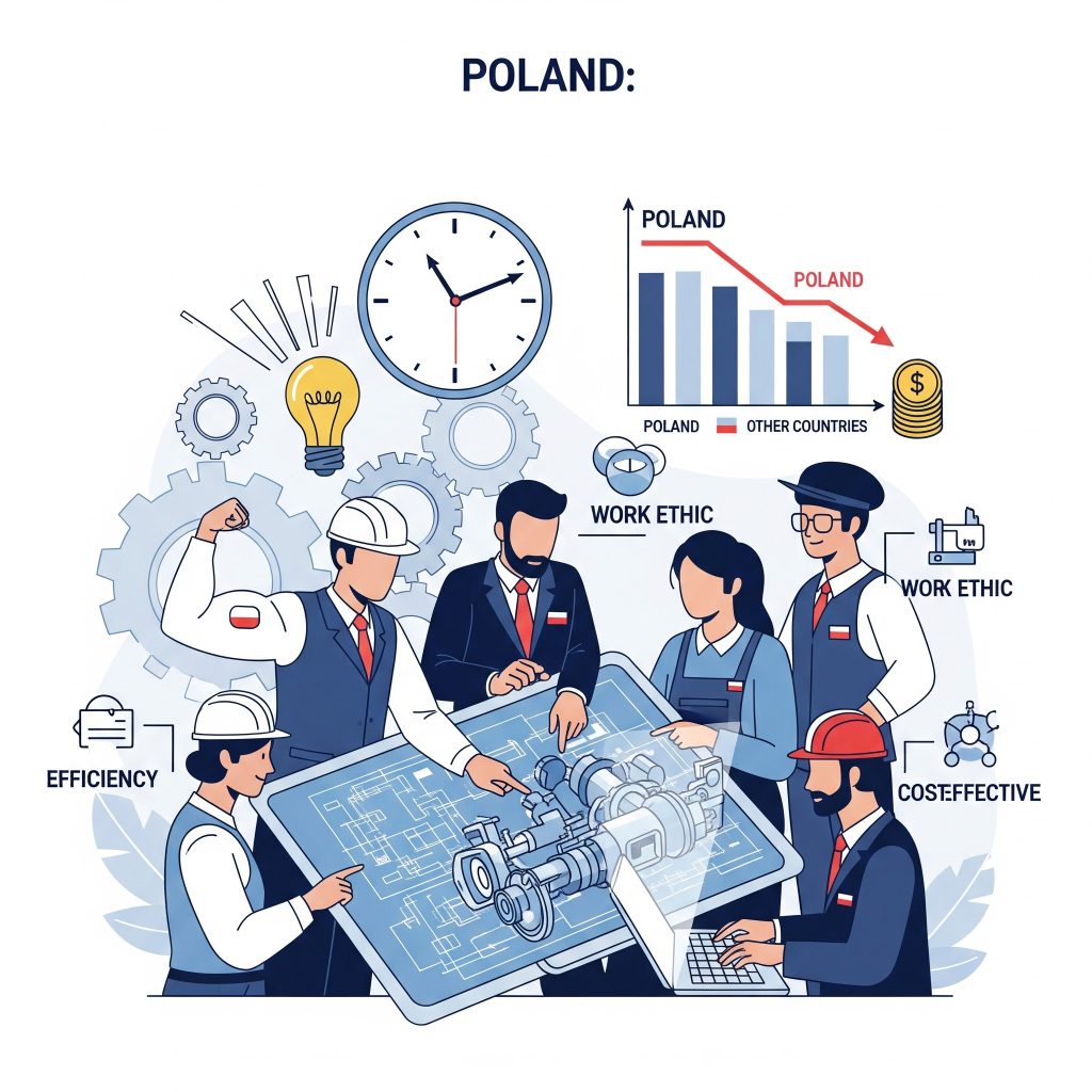 die polnische Ingenieure und Techniker sowie Symbole für Effizienz, Arbeitsmoral und wettbewerbsfähige Kosten im Maschinenbau darstellt.